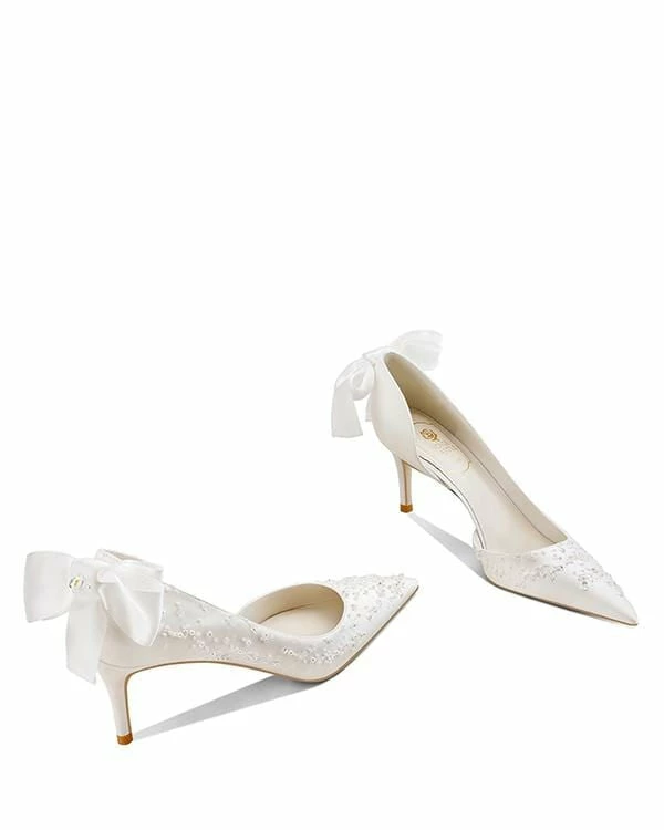 Nuheel® Nuheel French Embroidery Bridal Shoes Stilettos Wedding Shoes For Bride Bow White Heels 7 Nuheel® Nuheel French Embroidery Bridal Shoes Stilettos Wedding Shoes For Bride Bow White Heels