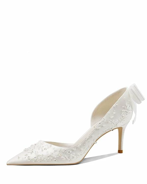 Nuheel® Nuheel French Embroidery Bridal Shoes Stilettos Wedding Shoes For Bride Bow White Heels 3 Nuheel® Nuheel French Embroidery Bridal Shoes Stilettos Wedding Shoes For Bride Bow White Heels
