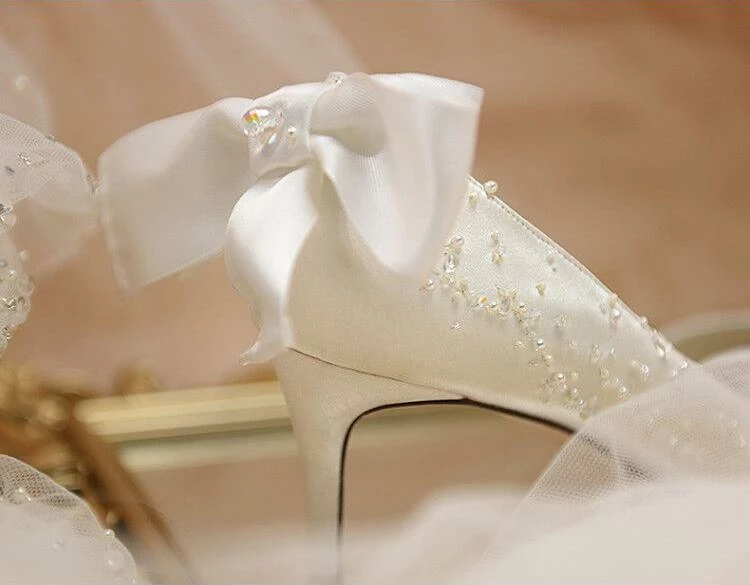 Nuheel® Nuheel French Embroidery Bridal Shoes Stilettos Wedding Shoes For Bride Bow White Heels 9 Nuheel® Nuheel French Embroidery Bridal Shoes Stilettos Wedding Shoes For Bride Bow White Heels
