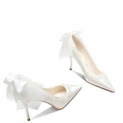 Nuheel® Nuheel Lace Bow Bridal Shoes Leather Wedding Shoes White Heels 8