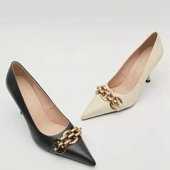 Nuheel® Nuheel Leather Black Heels Metal Chain Stilettos Nude Heels 11