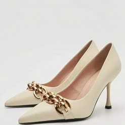 Nuheel® Nuheel Leather Black Heels Metal Chain Stilettos Nude Heels 11