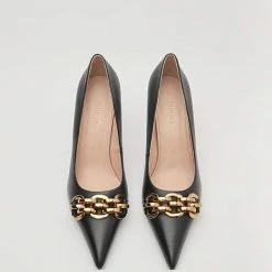 Nuheel® Nuheel Leather Black Heels Metal Chain Stilettos Nude Heels 11