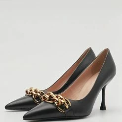 Nuheel® Nuheel Leather Black Heels Metal Chain Stilettos Nude Heels 11