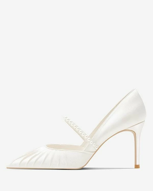 Nuheel® Nuheel Pearl Strap Bridal Shoes Leather Wedding Shoes For Bride White Heels 6 Nuheel® Nuheel Pearl Strap Bridal Shoes Leather Wedding Shoes For Bride White Heels