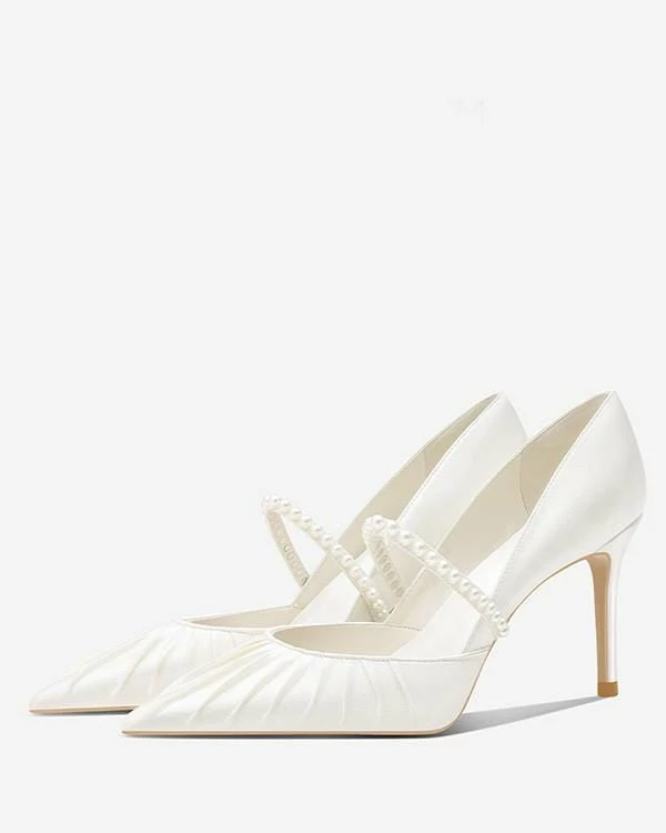 Nuheel® Nuheel Pearl Strap Bridal Shoes Leather Wedding Shoes For Bride White Heels 4 Nuheel® Nuheel Pearl Strap Bridal Shoes Leather Wedding Shoes For Bride White Heels
