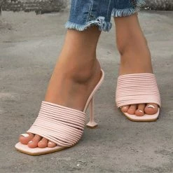 Nuheel® Slipper For Women Square Toe High Heel Mules Sandals Rome Shoes