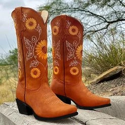 Nuheel® Woman Nuheel Sunflower Platform Boots For Women Plus Size Knee High Boots Embroidered Ethnic Style Cowboy Boots