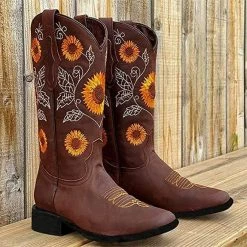 Nuheel® Woman Nuheel Sunflower Platform Boots For Women Plus Size Knee High Boots Embroidered Ethnic Style Cowboy Boots