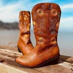 Nuheel® Woman Nuheel Sunflower Platform Boots For Women Plus Size Knee High Boots Embroidered Ethnic Style Cowboy Boots