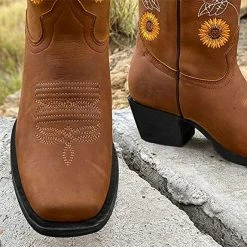 Nuheel® Woman Nuheel Sunflower Platform Boots For Women Plus Size Knee High Boots Embroidered Ethnic Style Cowboy Boots