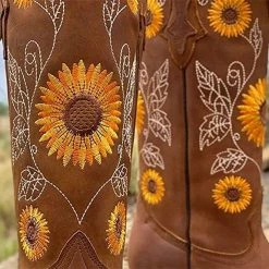 Nuheel® Woman Nuheel Sunflower Platform Boots For Women Plus Size Knee High Boots Embroidered Ethnic Style Cowboy Boots