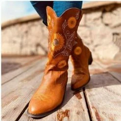 Nuheel® Woman Nuheel Sunflower Platform Boots For Women Plus Size Knee High Boots Embroidered Ethnic Style Cowboy Boots