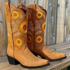Nuheel® Woman Nuheel Sunflower Platform Boots For Women Plus Size Knee High Boots Embroidered Ethnic Style Cowboy Boots