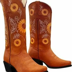 Nuheel® Woman Nuheel Sunflower Platform Boots For Women Plus Size Knee High Boots Embroidered Ethnic Style Cowboy Boots