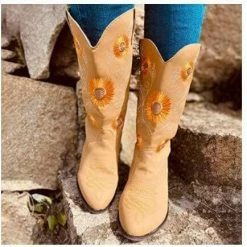 Nuheel® Woman Nuheel Sunflower Platform Boots For Women Plus Size Knee High Boots Embroidered Ethnic Style Cowboy Boots