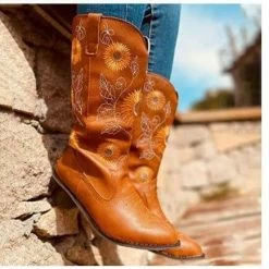 Nuheel® Woman Nuheel Sunflower Platform Boots For Women Plus Size Knee High Boots Embroidered Ethnic Style Cowboy Boots