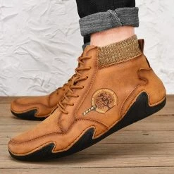 Nuheel® Man Mens Casual Shoes Loafers Flat Shoes Vintage Hand Stitching Leather Ankle Boots