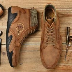 Nuheel® Man Mens Casual Shoes Loafers Flat Shoes Vintage Hand Stitching Leather Ankle Boots