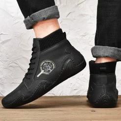 Nuheel® Man Mens Casual Shoes Loafers Flat Shoes Vintage Hand Stitching Leather Ankle Boots