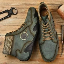 Nuheel® Man Mens Casual Shoes Loafers Flat Shoes Vintage Hand Stitching Leather Ankle Boots