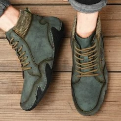 Nuheel® Man Mens Casual Shoes Loafers Flat Shoes Vintage Hand Stitching Leather Ankle Boots