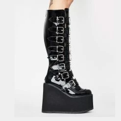 Nuheel® High Boots Nuheel Metal Buttons Black Platform Boots For Women Heel Height 4.7 Inches