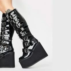 Nuheel® High Boots Nuheel Metal Buttons Black Platform Boots For Women Heel Height 4.7 Inches