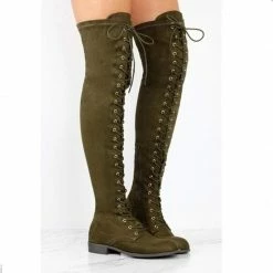 Nuheel® Nuheel Suede Thigh High Boots Front Tie Low Heel Over The Knee Boots 11