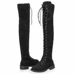 Nuheel® Nuheel Suede Thigh High Boots Front Tie Low Heel Over The Knee Boots 11