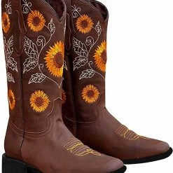 Nuheel® Woman Nuheel Sunflower Platform Boots For Women Plus Size Knee High Boots Embroidered Ethnic Style Cowboy Boots