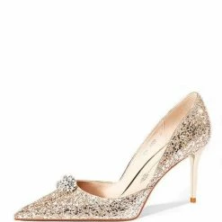 Nuheel White Veil Wedding Shoes Golden Rhinestone Thin Heel Bridesmaid Shoes