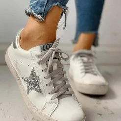 Nuheel® Woman Sequins Star Design Casual Lace-Up Distressed White Sneakers