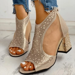 Nuheel® Woman Women's PU Chunky Heel Sandals Pumps Peep Toe Heels With Rhinestone Zipper Shoes