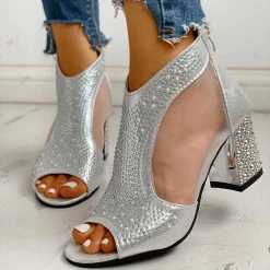 Nuheel® Woman Women's PU Chunky Heel Sandals Pumps Peep Toe Heels With Rhinestone Zipper Shoes