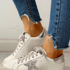 Nuheel® Woman Sequins Star Design Casual Lace-Up Distressed White Sneakers
