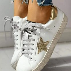 Nuheel® Woman Sequins Star Design Casual Lace-Up Distressed White Sneakers