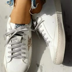 Nuheel® Woman Sequins Star Design Casual Lace-Up Distressed White Sneakers