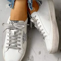 Nuheel® Woman Sequins Star Design Casual Lace-Up Distressed White Sneakers