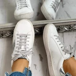 Nuheel® Woman Sequins Star Design Casual Lace-Up Distressed White Sneakers