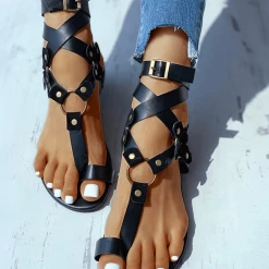 Nuheel® Toe Ring Buckled O-ring Design Flat Sandals Woman