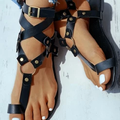 Nuheel® Toe Ring Buckled O-ring Design Flat Sandals Woman