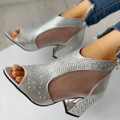 Nuheel® Woman Women's PU Chunky Heel Sandals Pumps Peep Toe Heels With Rhinestone Zipper Shoes