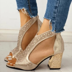 Nuheel® Woman Women's PU Chunky Heel Sandals Pumps Peep Toe Heels With Rhinestone Zipper Shoes