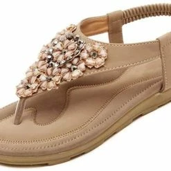 Nuheel® Flower Bohemia Character Sandals With Beads T-Strap Buckle Pearl Crystal Flat Sandals