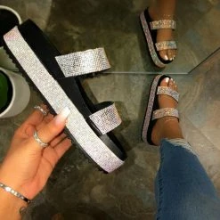 Nuheel® Platform Strappy Rhinestone Sandals For Women Slip On Flat Sandals