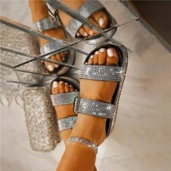 Nuheel® Platform Strappy Rhinestone Sandals For Women Slip On Flat Sandals