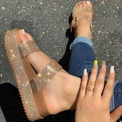 Nuheel® Platform Strappy Rhinestone Sandals For Women Slip On Flat Sandals