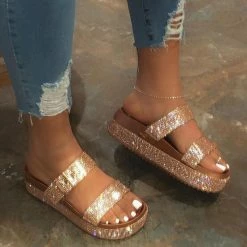 Nuheel® Platform Strappy Rhinestone Sandals For Women Slip On Flat Sandals
