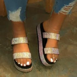 Nuheel® Platform Strappy Rhinestone Sandals For Women Slip On Flat Sandals